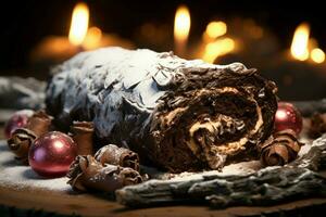 ai gegenereerd klassiek yule log een feestelijk traktatie Kerstmis taart gerold en versierd voor een verrukkelijk viering ai gegenereerd foto