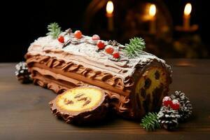 ai gegenereerd klassiek yule log een feestelijk traktatie Kerstmis taart gerold en versierd voor een verrukkelijk viering ai gegenereerd foto