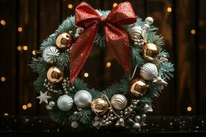 ai gegenereerd rustiek Kerstmis krans ornamenten een baken van kersttijd charme ai gegenereerd foto