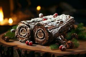 ai gegenereerd klassiek yule log een feestelijk traktatie Kerstmis taart gerold en versierd voor een verrukkelijk viering ai gegenereerd foto