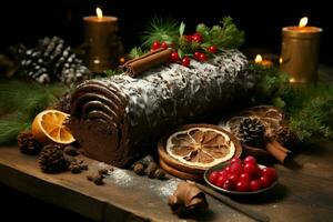 ai gegenereerd klassiek yule log een feestelijk traktatie Kerstmis taart gerold en versierd voor een verrukkelijk viering ai gegenereerd foto