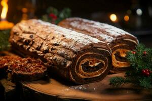 ai gegenereerd klassiek yule log een feestelijk traktatie Kerstmis taart gerold en versierd voor een verrukkelijk viering ai gegenereerd foto