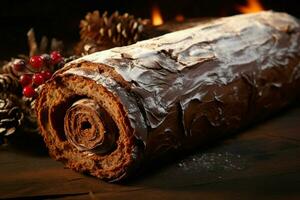 ai gegenereerd klassiek yule log een feestelijk traktatie Kerstmis taart gerold en versierd voor een verrukkelijk viering ai gegenereerd foto