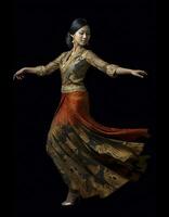 een Indonesisch vrouw presteert een traditioneel dans, gekleed in een overladen batik gewaad, ai gegenereerd foto