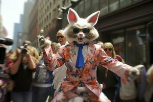 een levendig Pasen optocht performer in een konijn masker en een bloemen pak groeven naar de muziek, omringd door verheugd toeschouwers, ai gegenereerd foto