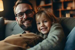 ai gegenereerd portret van gelukkig vader en klein dochter knuffel knuffelen genieten inschrijving dichtbij familie moment Bij huis , zoet momenten genieten van tijd samen Bij huis, ai generatief foto