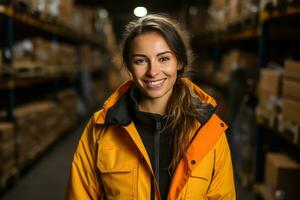 portret van midden- oud arbeider Holding een tablet staand in groot magazijn , werknemer in logistiek bedrijf in de buurt magazijn rekken, ai generatief foto