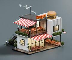 isometrische visie minimaal hamburger restaurant houder op te slaan buitenkant architectuur, 3d renderen digitaal kunst. foto