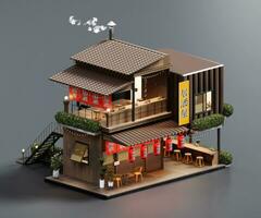 isometrische visie minimaal Japans restaurant houder op te slaan buitenkant architectuur, 3d renderen digitaal kunst. foto