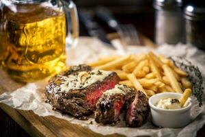 gezond slank gegrild medium-zeldzaam steak met Frans Patat, bier foto