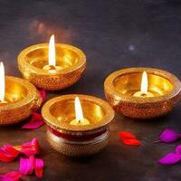 ai gegenereerd traditioneel Indisch olie lampen voor diwali festival Aan donker achtergrond. traditioneel festival Hindoe ai gegenereerd foto