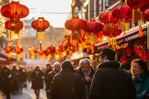 ai gegenereerd. feestelijk atmosfeer met rood lantaarns gedurende Chinese nieuw jaar foto