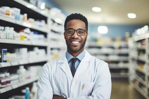 ai gegenereerd. portret van glimlachen Afrikaanse Amerikaans apotheker staand in apotheek foto