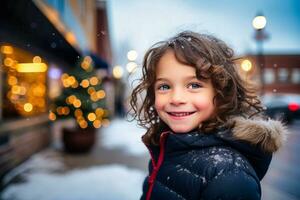 ai gegenereerd. de winter gloed Aan een kind gezicht foto