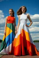 ai gegenereerd in een betoverend levendig kleur ensemble geïnspireerd door geometrie, twee jong Zweeds meisjes gesteld. ai generatief foto