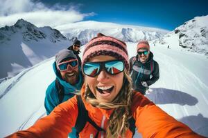 ai gegenereerd. berg snowboarden vrienden selfie foto