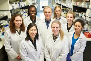 ai gegenereerd. verschillend medisch Onderzoek team in laboratorium foto