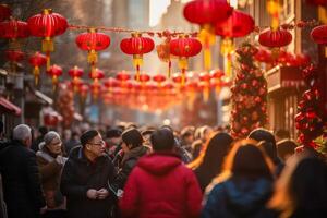 ai gegenereerd. bruisend straat tafereel met rood lantaarns voor Chinese nieuw jaar foto