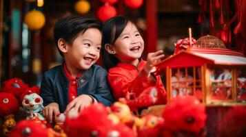 ai gegenereerd. blij broers en zussen spelen met traditioneel Chinese speelgoed gedurende festival foto