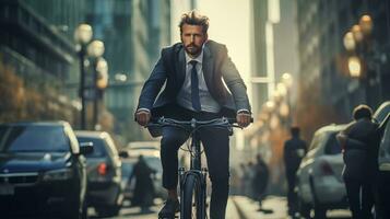 ai gegenereerd een Mens in een pak rijden een fiets naar beneden een stad straat foto