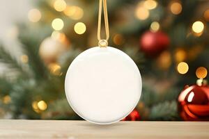 ai gegenereerd blanco ronde vorm Kerstmis ornament, Kerstmis ornament mockup foto