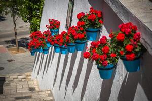 straat met bloemen in de mijas dorp, Spanje foto