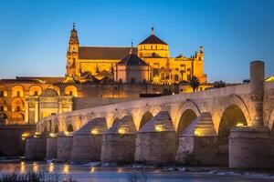 nacht visie van mezquita-kathedraal en puente romano - moskee-kathedraal en de Romeins brug in Cordoba, Andalusië, Spanje foto