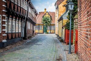 straat met oud huizen van Koninklijk stad- ribe in Denemarken foto