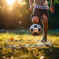 kind spelen Amerikaans voetbal Aan de veld. weinig jongen schoppen een voetbal bal. foto