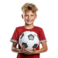 weinig jongen met een voetbal bal Aan een wit achtergrond foto