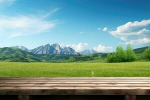 houten tafel groen natuur achtergrond, houten verdieping voor producten foto