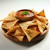 nacho's met salsa dip Aan wit achtergrond. Mexicaans voedsel. foto