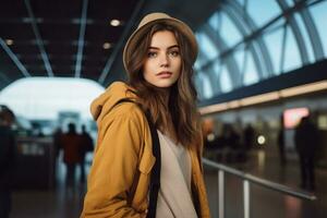 ai gegenereerd mooi jong vrouw in baret en loopgraaf jas op zoek Bij camera in luchthaven, een jong vrouw vervelend gewoontjes kleren is poseren Bij de luchthaven, ai gegenereerd foto