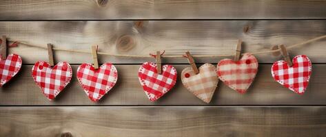 ai gegenereerd harten hangende Aan touw over- houten achtergrond. valentijnsdag dag achtergrond foto