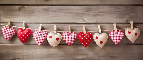 ai gegenereerd Valentijnsdag dag achtergrond met harten en wasknijpers Aan houten muur foto