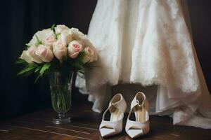 ai gegenereerd bruiloft jurk met schoenen en bloemen foto