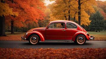 ai gegenereerd rood auto het rijden door herfst stad straat met bomen en bladeren. foto