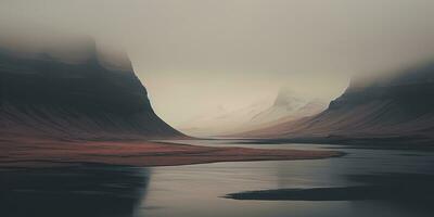 ai gegenereerd generatief ai, IJsland mooi mistig wild landschap met bergen, esthetisch gedempt kleuren, foto