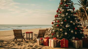 ai gegenereerd generatief ai, Kerstmis Aan de strand. geschenken, Kerstmis boom, palm, oceaan en stoelen. vakantie concept foto