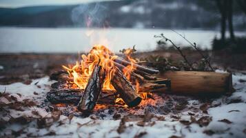 ai gegenereerd generatief ai, brandend vreugdevuur, mooi winter landschap, camping buitenshuis concept in neutrale gedempt kleuren, toerist kamp foto