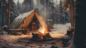 ai gegenereerd generatief ai, brandend vreugdevuur, mooi winter landschap, camping buitenshuis concept in neutrale gedempt kleuren, toerist kamp foto