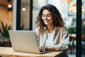 vrouw werken Aan laptop Bij kantoor, Spaans school, blij en optimistisch, intuïtief gebaren. ai generatief foto