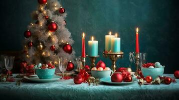 ai gegenereerd Kerstmis voedsel en boom versierd Aan kleurrijk achtergrond gegenereerd door ai foto