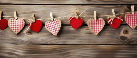 ai gegenereerd Valentijnsdag dag achtergrond met harten en wasknijpers Aan houten muur foto