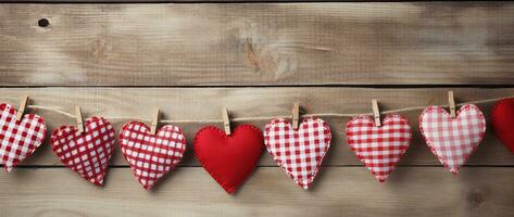 ai gegenereerd Valentijnsdag dag achtergrond met harten en wasknijpers Aan houten muur foto