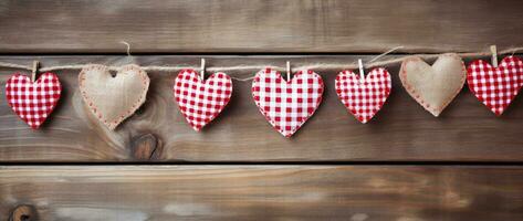 ai gegenereerd Valentijnsdag dag achtergrond met harten en wasknijpers Aan houten muur foto