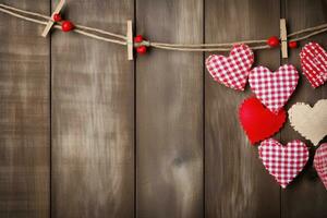 ai gegenereerd harten hangende Aan touw over- houten achtergrond. valentijnsdag dag achtergrond foto