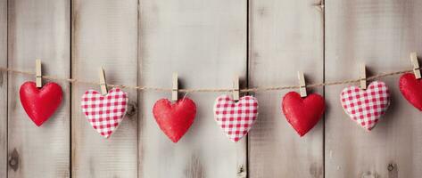 ai gegenereerd harten hangende Aan touw over- houten achtergrond. valentijnsdag dag achtergrond foto