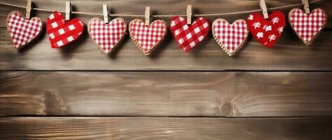 ai gegenereerd Valentijnsdag dag achtergrond met harten en wasknijpers Aan houten muur foto