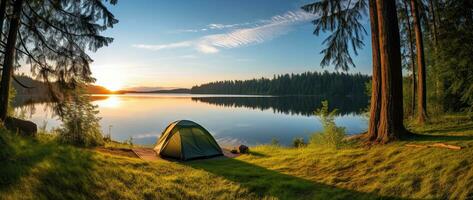 ai gegenereerd camping tent Aan de kust van een meer Bij zonsondergang. foto